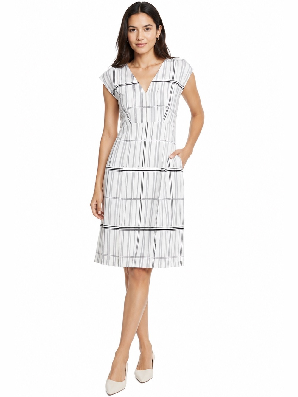 Lewit Linen Blend Grid Check Cap Sleeve Dress 10 Black Ivory